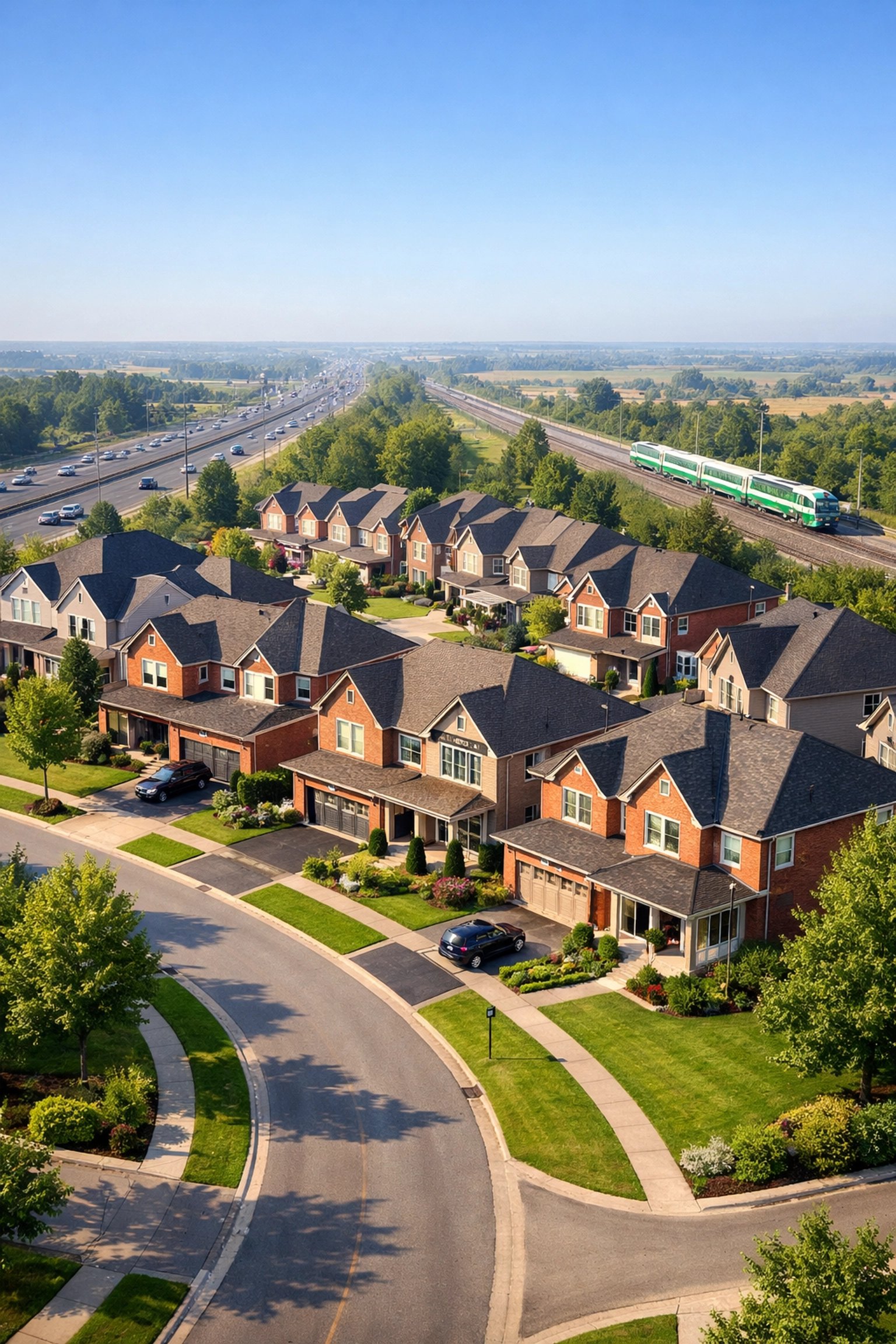Aerial view of a Bradford Ontario residential neighbourhood showing proximity to major commuter routes.