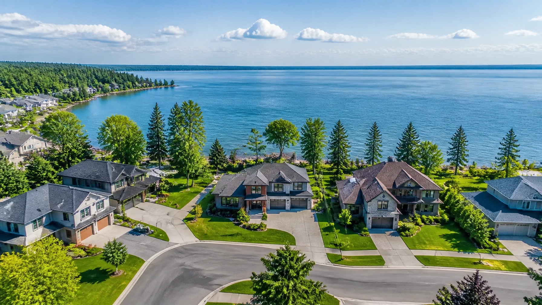 An aerial drone view of a high-end residential neighbourhood in Innisfil, Ontario, situated alongside the beautiful Lake Simcoe.