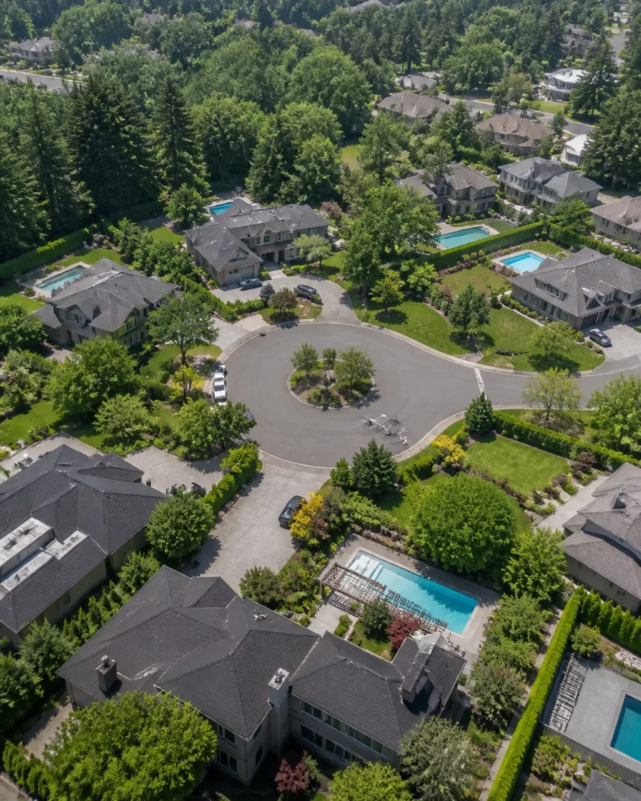 An aerial view of a quiet cul-de-sac in Aurora Highlands, showing spacious lots and mature greenery.