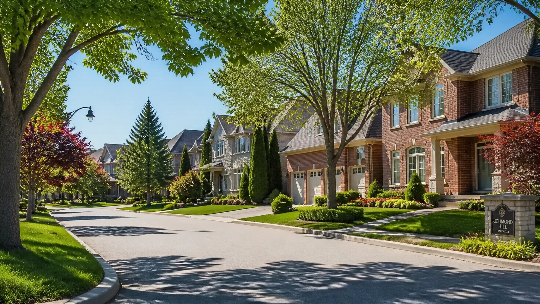 A beautiful suburban street in Richmond Hill with classic homes and green lawns.