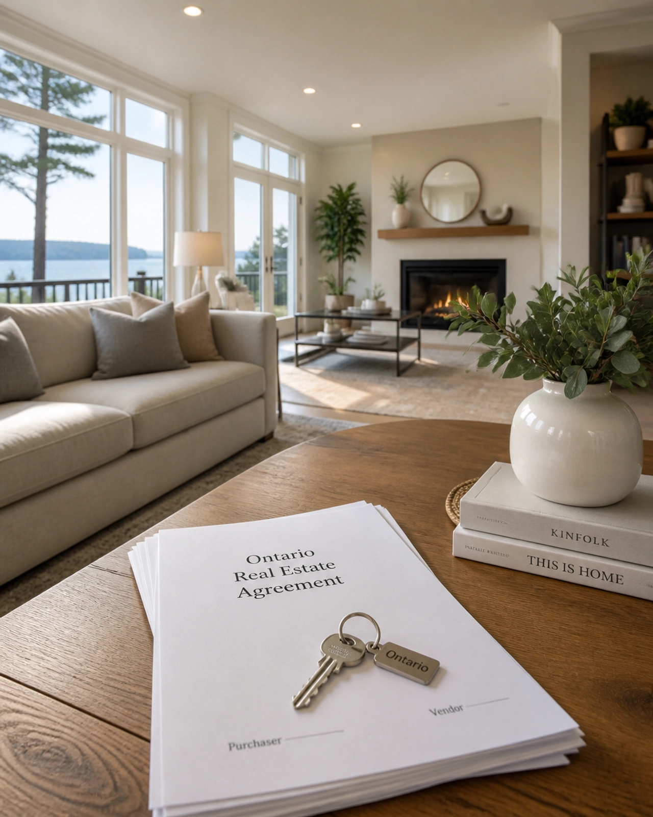 A bright and airy modern living room interior in an Ontario home with keys on a coffee table.