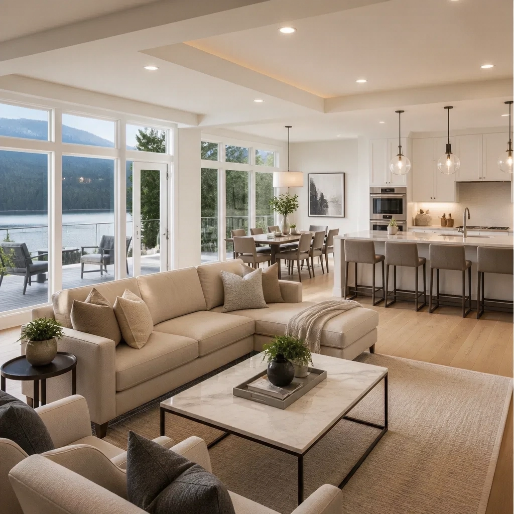 A bright and modern open-concept living room interior