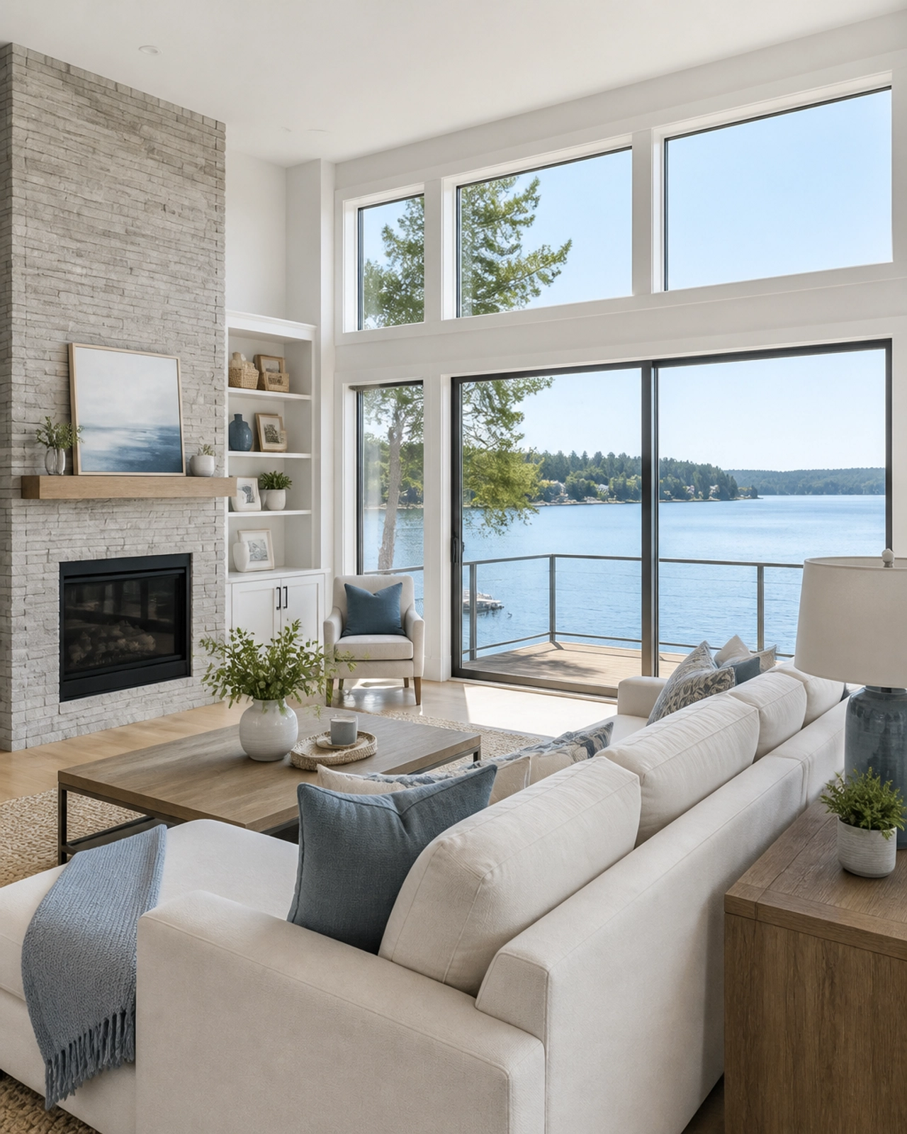 A bright, modern staged living room in an Ontario home with large windows offering a serene view of Lake Simcoe.
