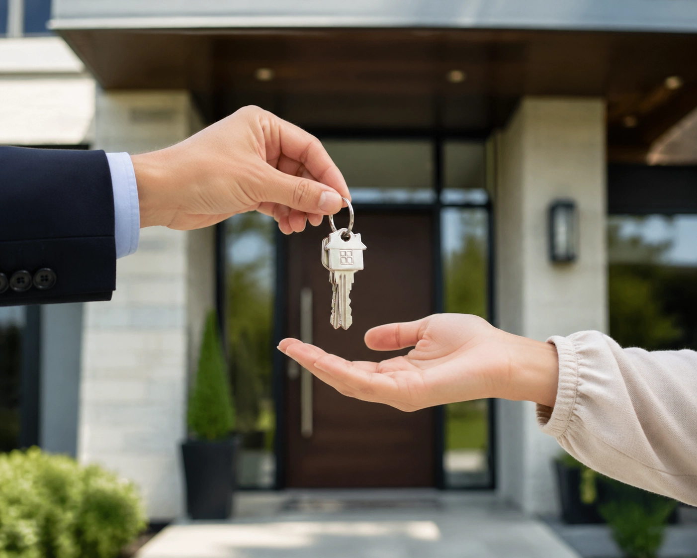 Broker handing keys to a client at a luxury Richmond Hill home, representing successful property management.