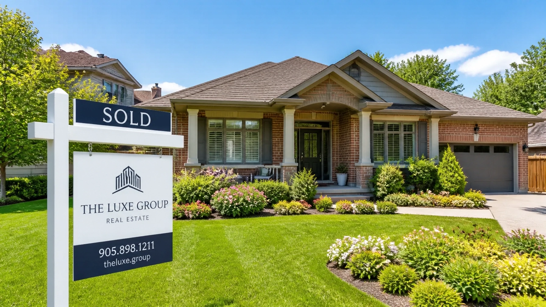 A charming modern brick bungalow in an Ontario suburb with a Sold sign