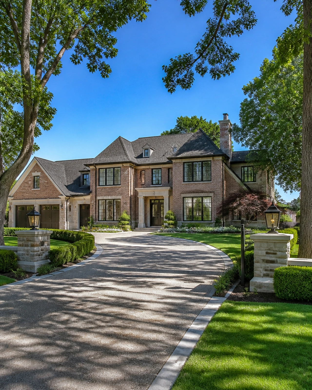 A classic brick and stone luxury estate property in Mineola, Mississauga, surrounded by lush green lawns and mature trees.