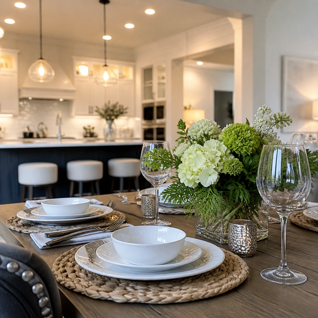 Close-up of a beautifully set dining table with elegant porcelain and fresh flowers, representing professional staging details.