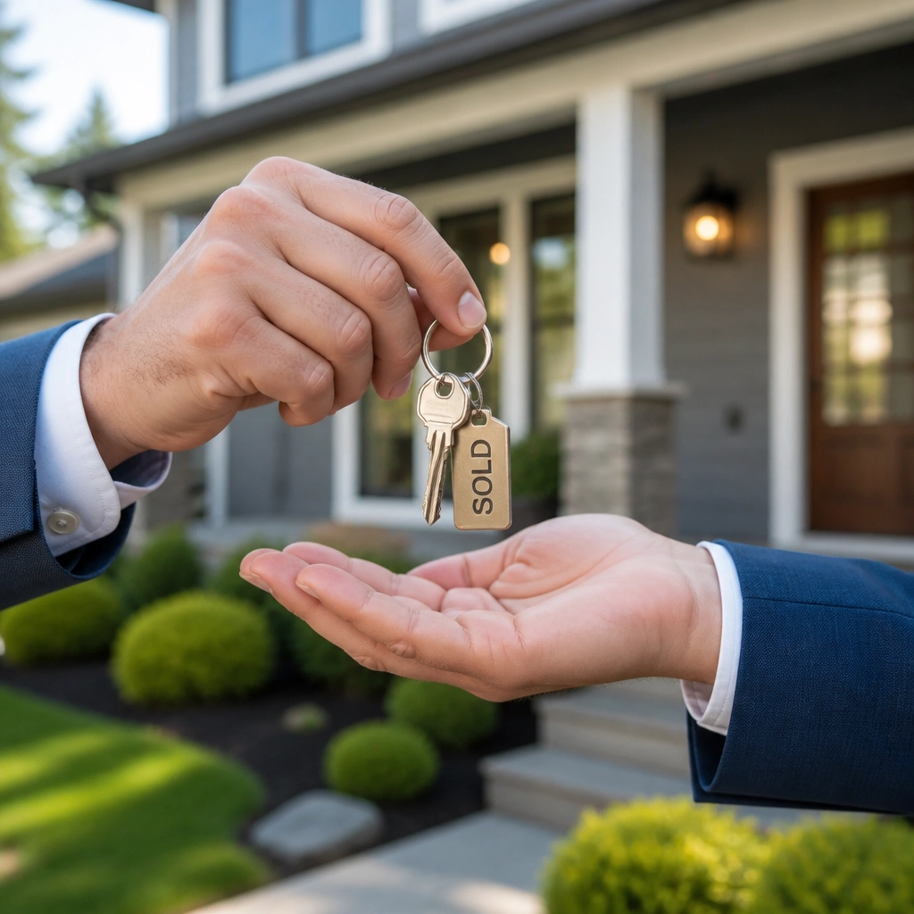 A close-up of hands exchanging house keys in front of a modern suburban home
