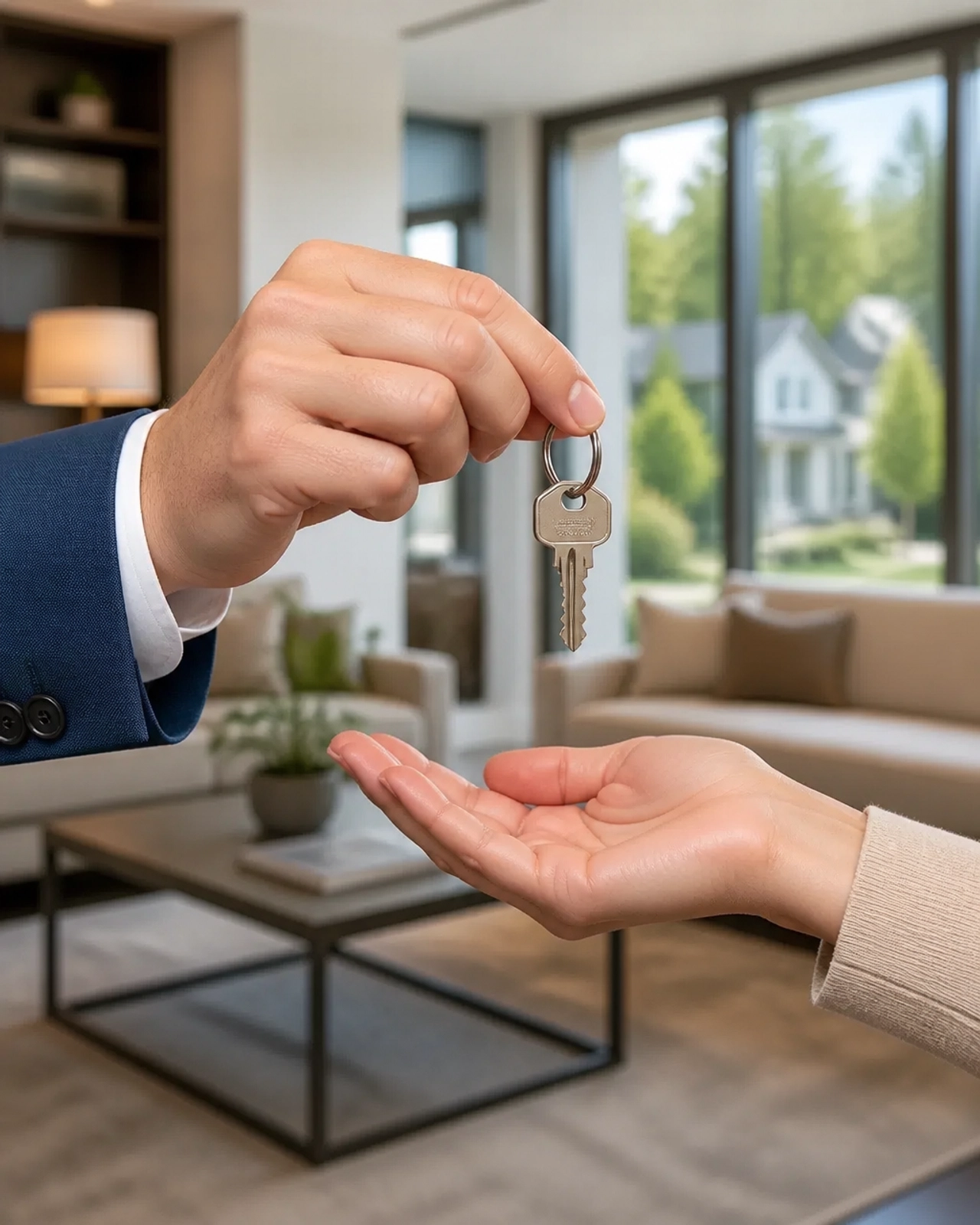 Close-up of house keys being handed over in a modern Ontario home