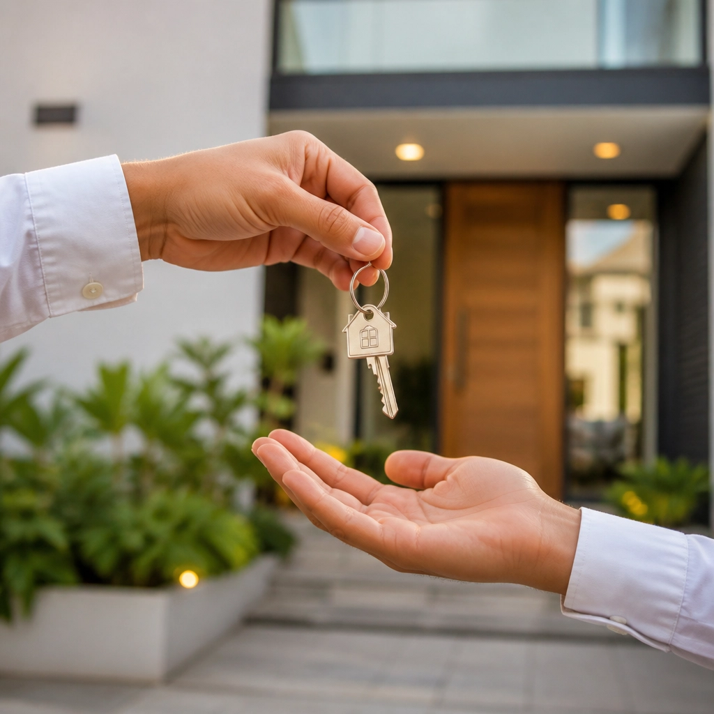 A close-up of house keys being handed over, representing a successful real estate transaction.