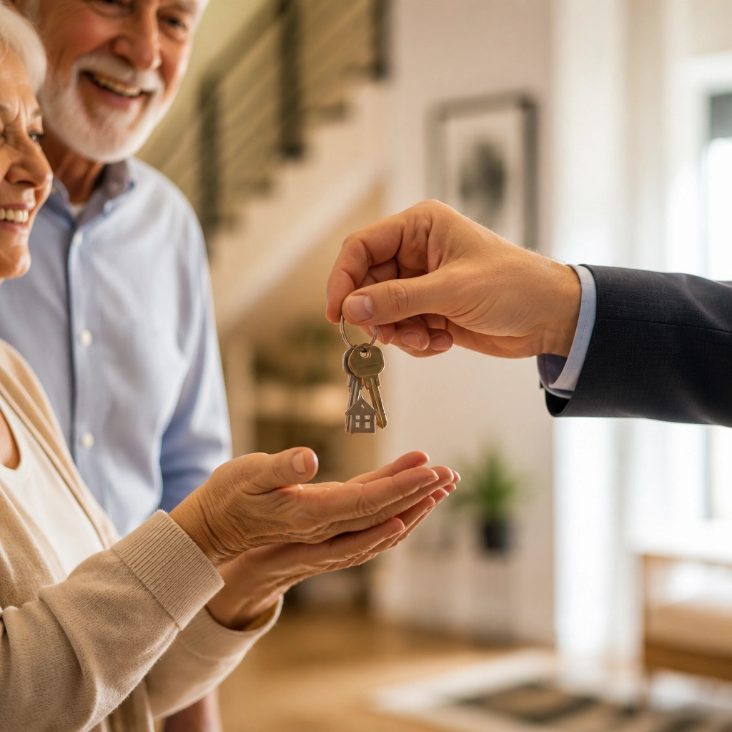 A close-up shot of house keys being handed over, representing a successful real estate transaction.