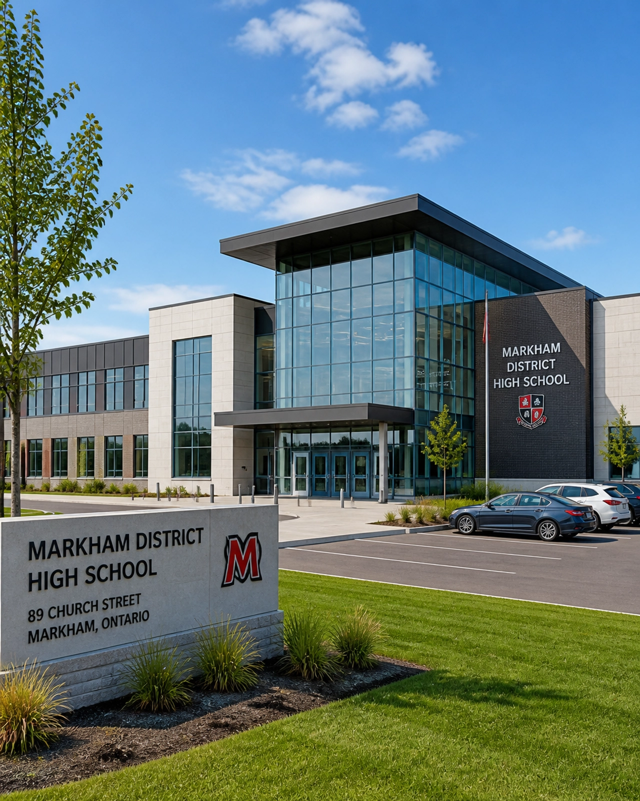 A contemporary high school building in Markham representing the high standard of local education.