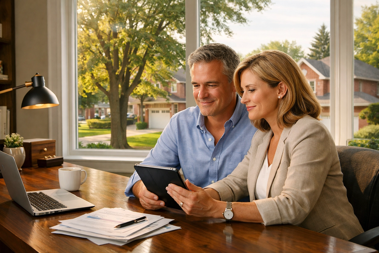 Couple in a modern home office planning to sell my home Barrie and buy simultaneously with expert guidance.