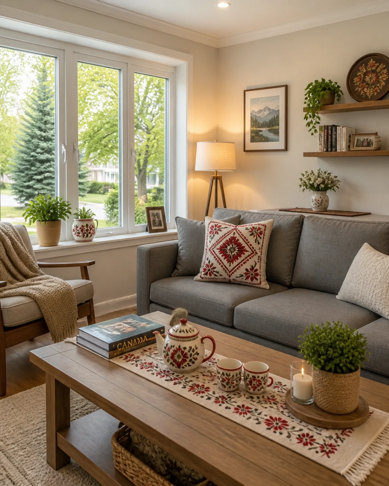 Cozy modern living room with bright windows and inviting atmosphere