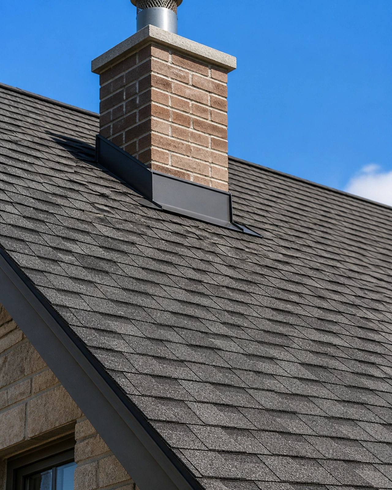 A detailed shot of high-quality asphalt shingles and chimney flashing on a residential roof.