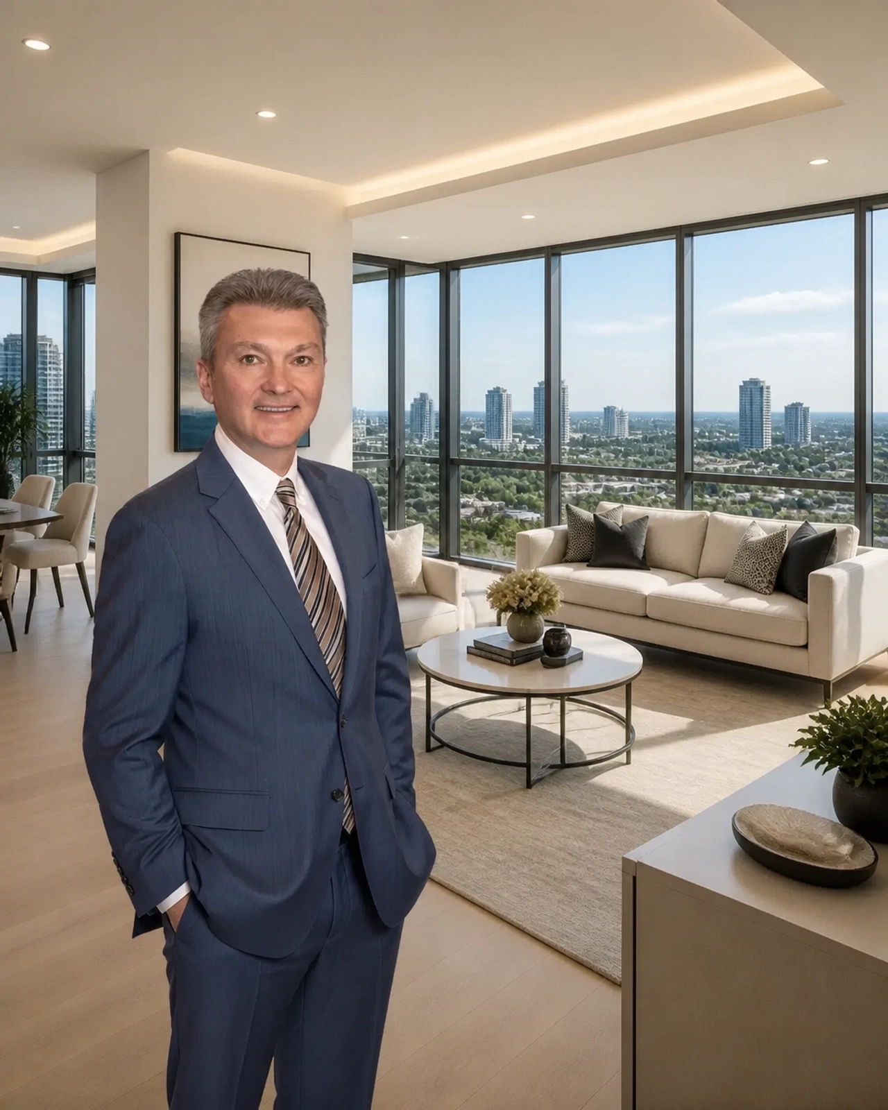 Elegant modern condo interior in North York with a city view