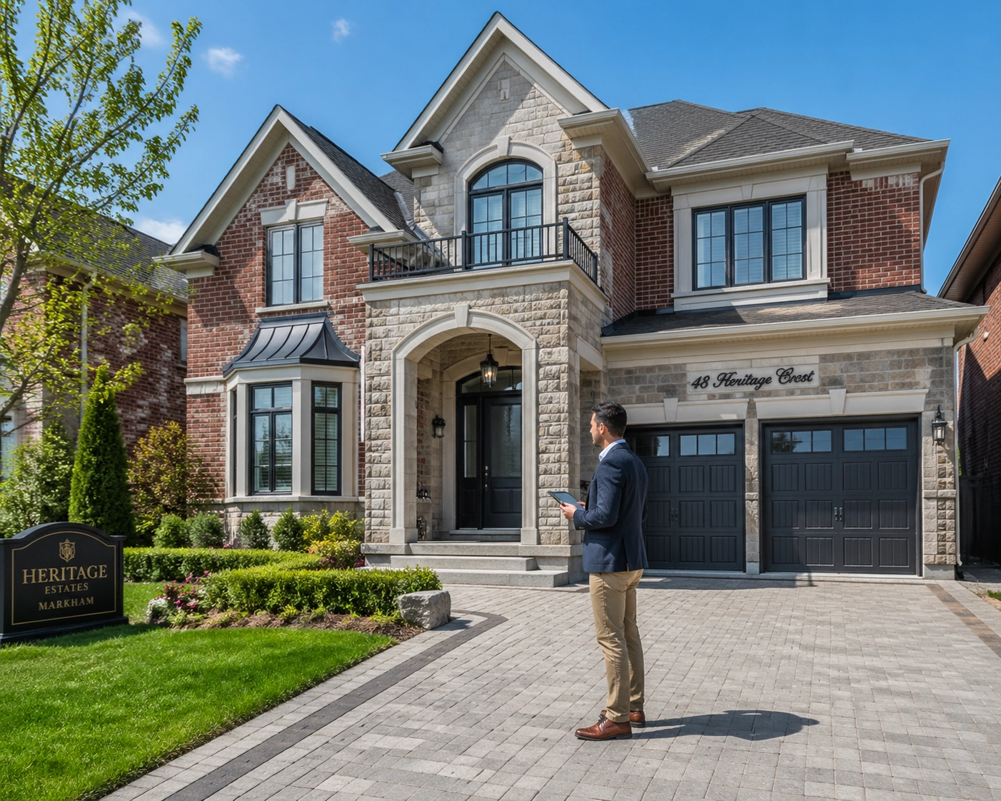 Expert inspecting a luxury detached home for sale, showcasing premium Markham residential real estate.
