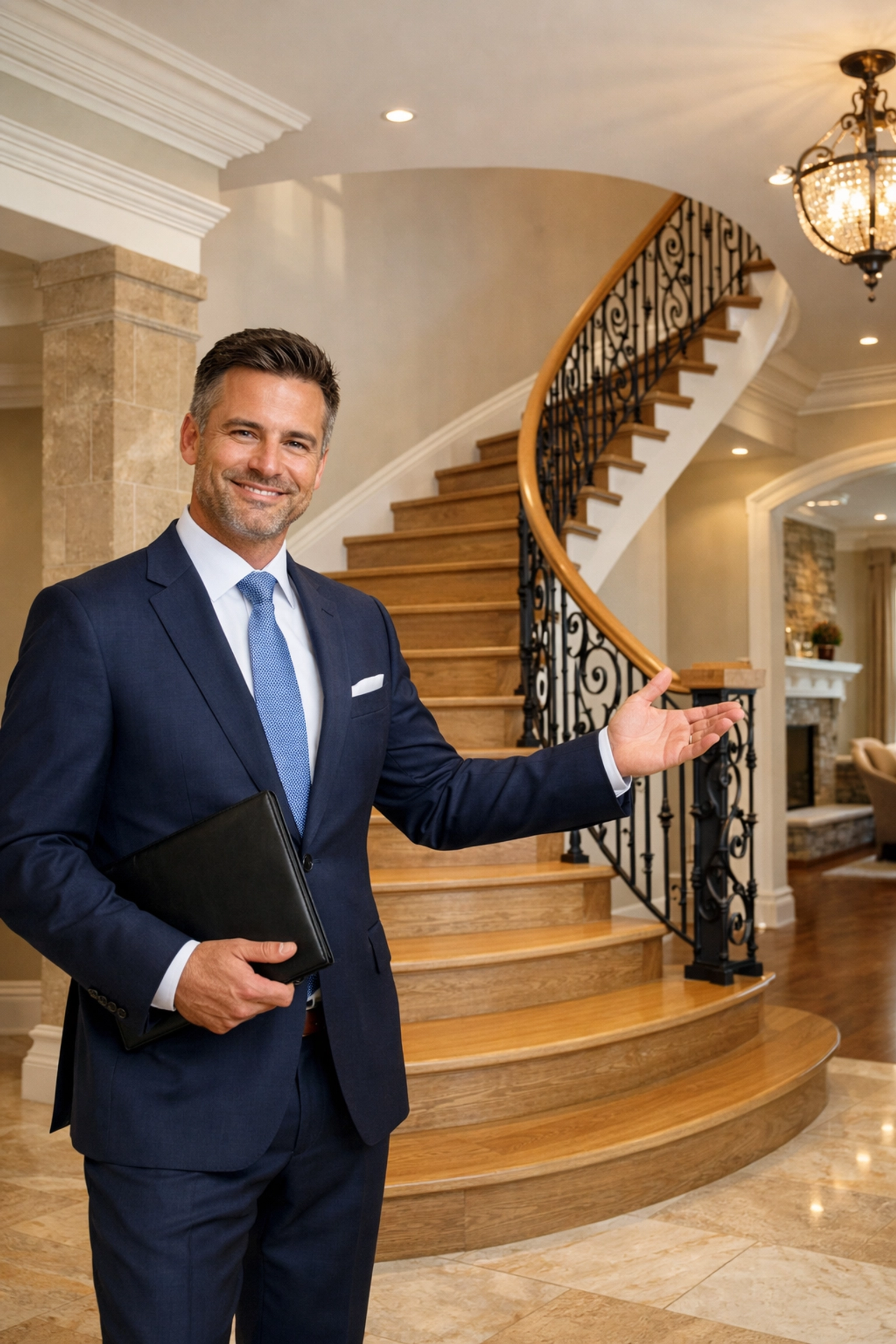 Expert real estate agent negotiating a high-end deal inside a luxury Aurora home foyer.