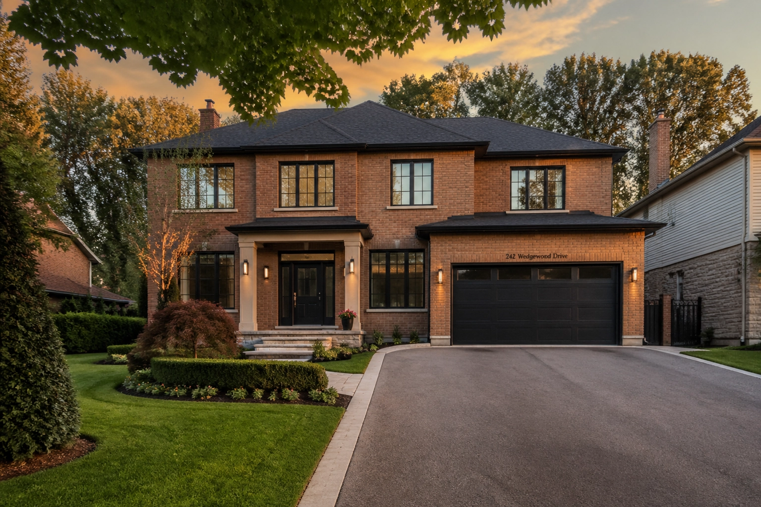 Exterior of a staged brick house in the GTA with high curb appeal and manicured landscaping.