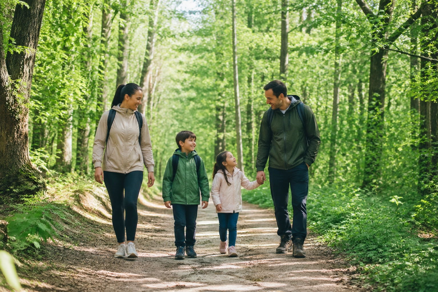 A family hiking through the Oak Ridges Moraine, enjoying the nature trails near Stouffville real estate.