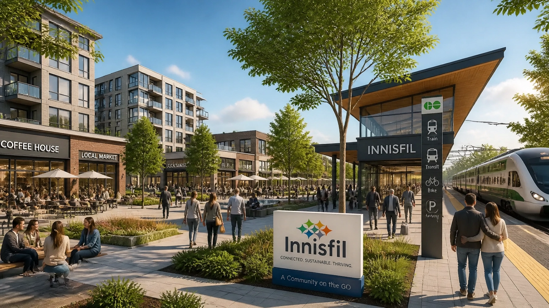 A futuristic architectural rendering of the Orbit project in Innisfil, showing a transit-oriented community with modern buildings and green spaces.