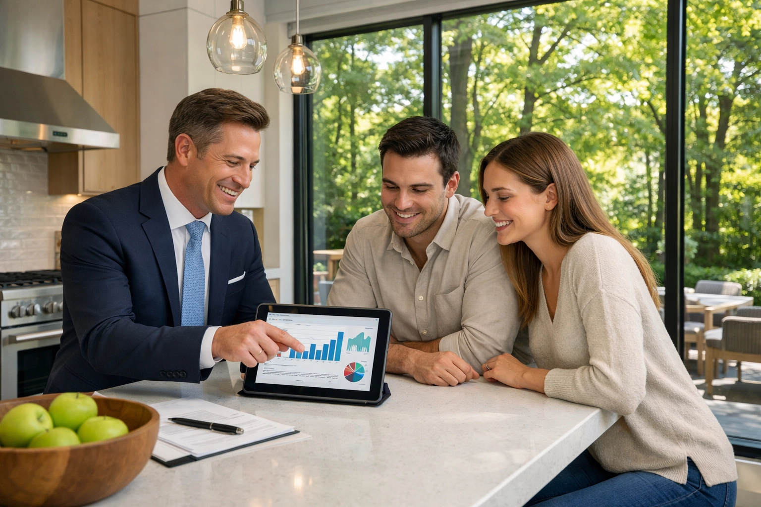 GTA families discussing finances with a realtor in a modern kitchen while planning to sell and buy a house.