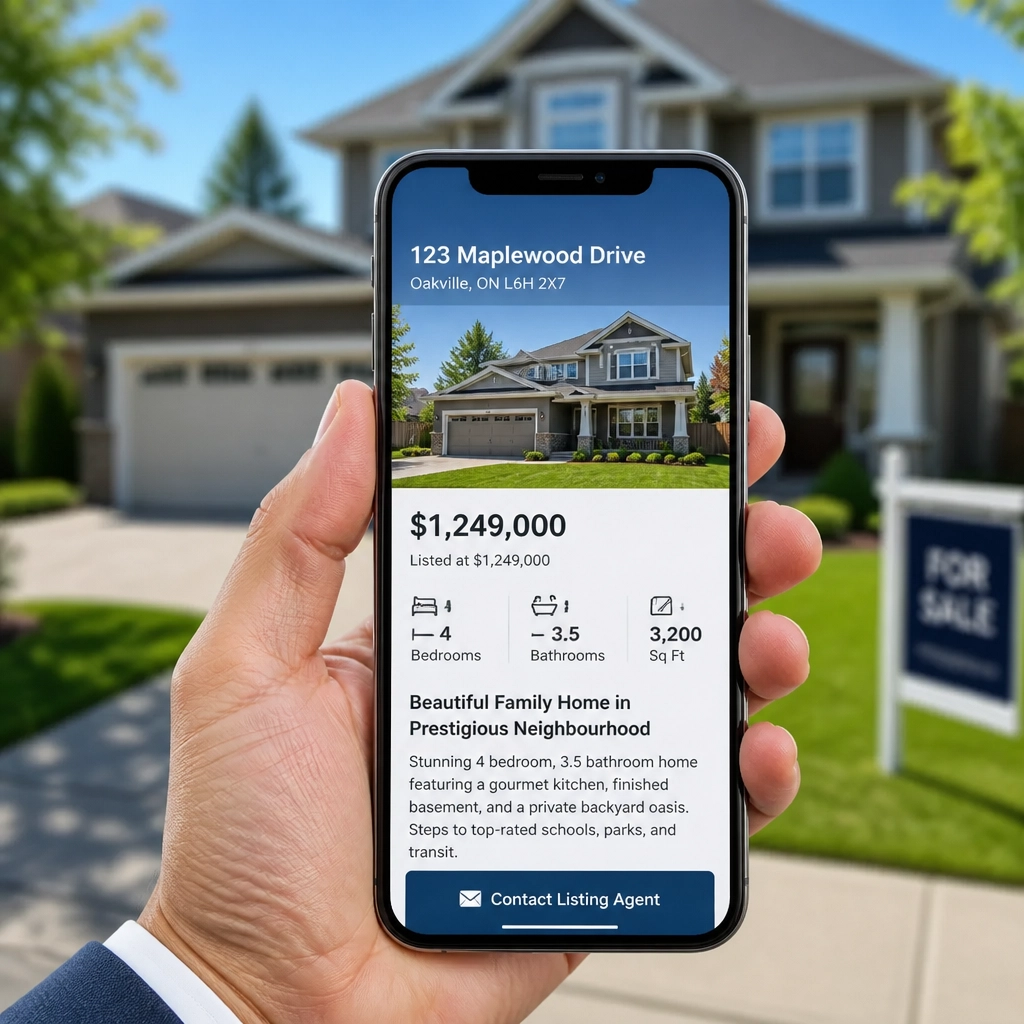 A hand holding a smartphone showing a real estate listing in front of a beautiful suburban house.