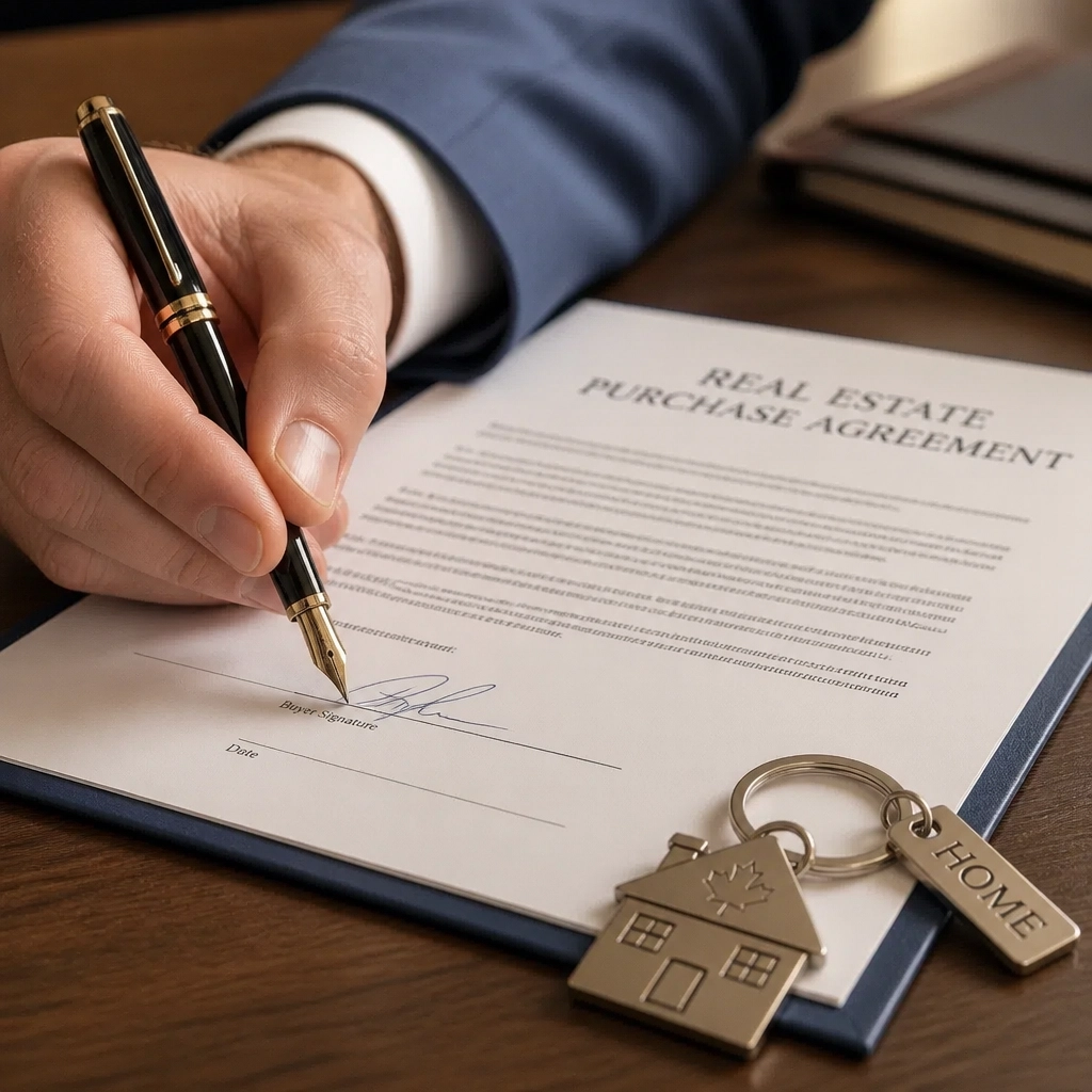 Hand signing a real estate contract with a small house keychain nearby