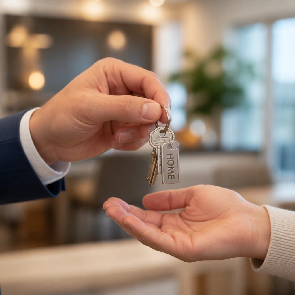 Handing over keys to a new property, signifying a successful investment