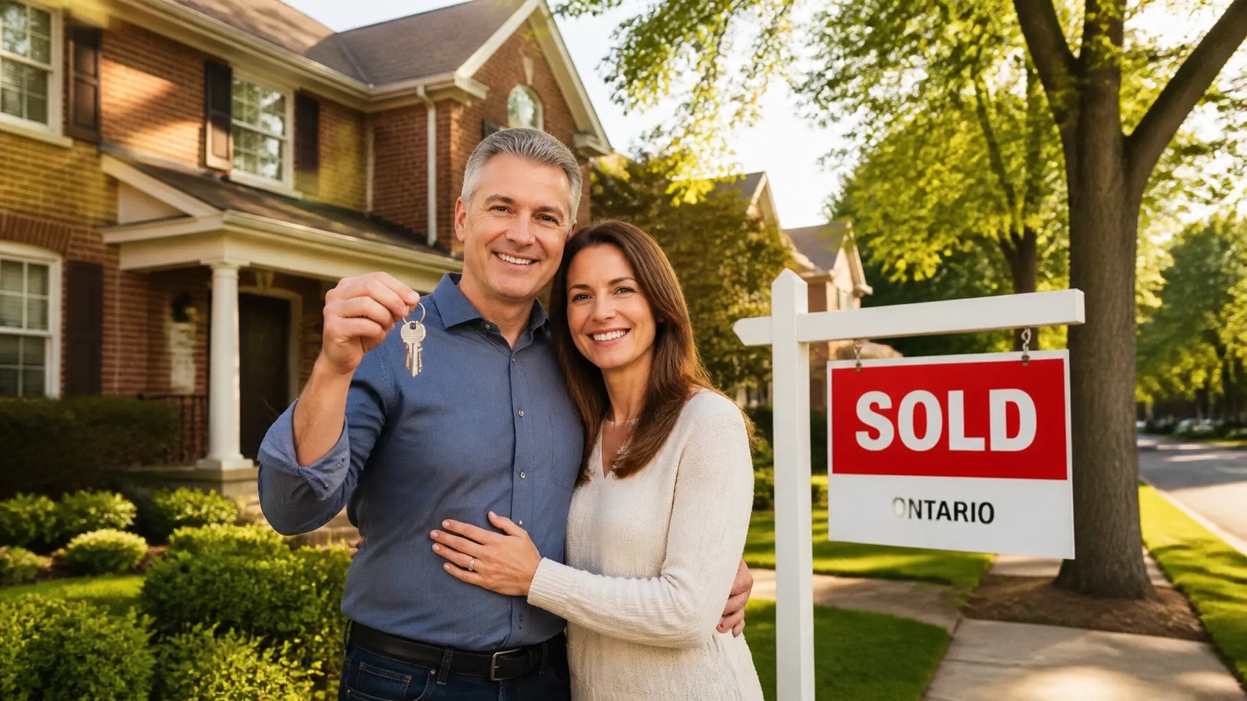 Happy couple with sold sign in front of a Vaughan home