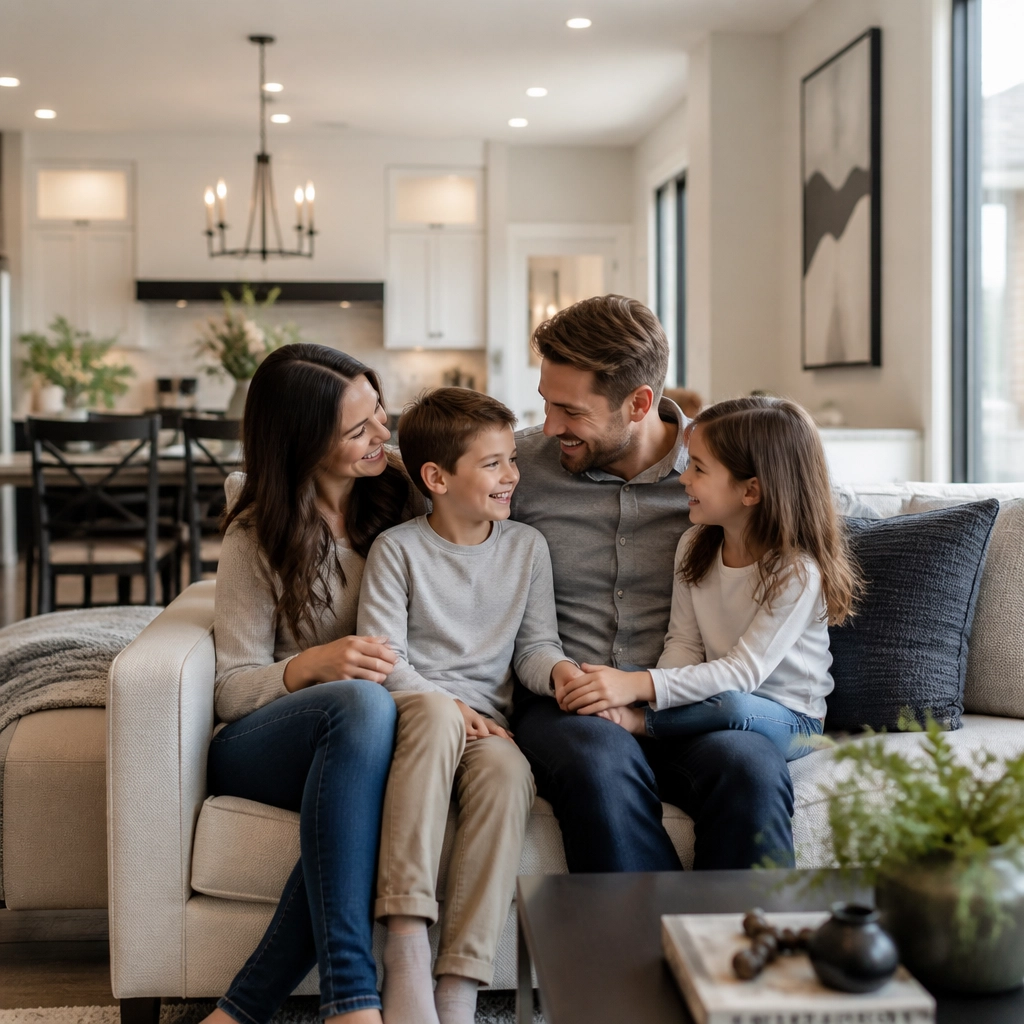 Happy family in a bright, modern, and cozy Ontario living room