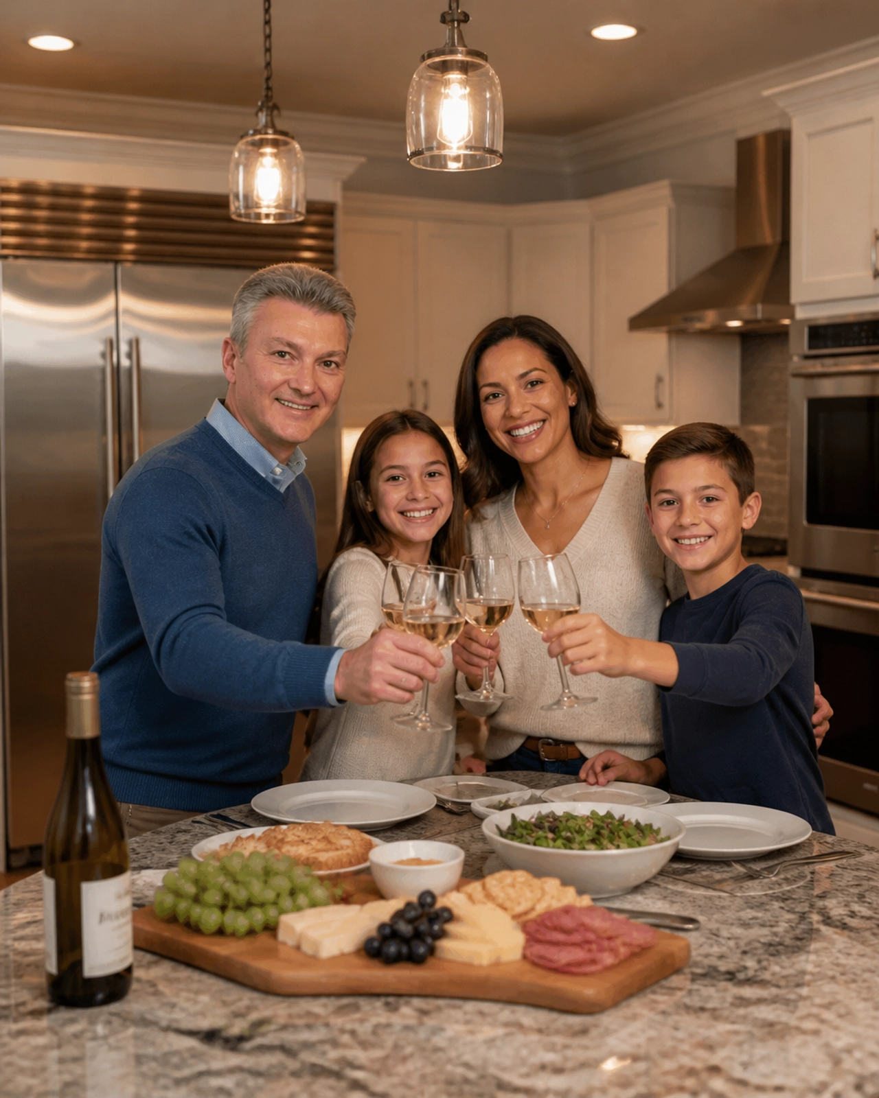 A happy family celebrating in their new modern kitchen