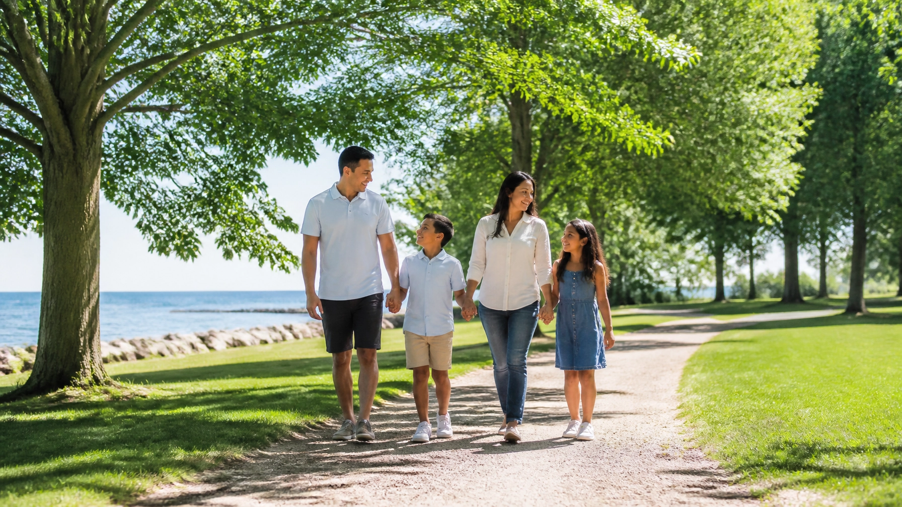 A happy family enjoying a sunny day at a park near the Mississauga waterfront.