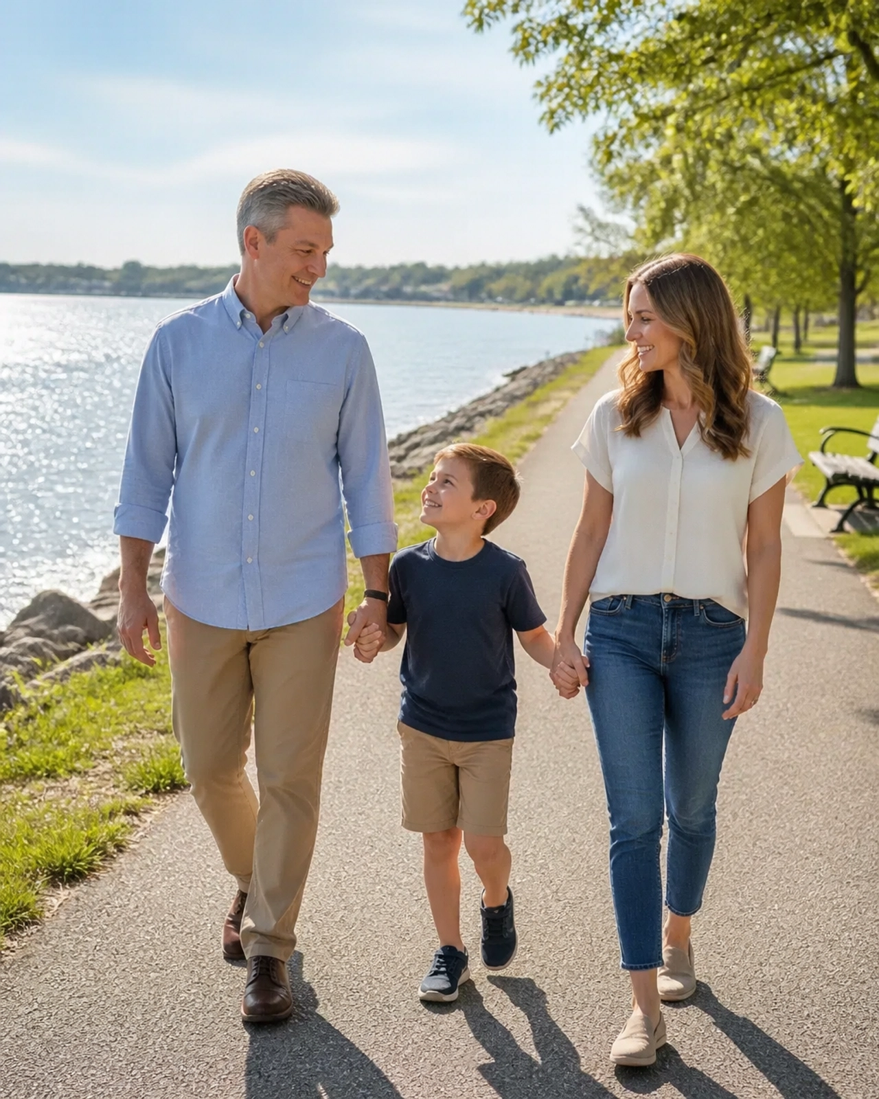 A happy family enjoying a walk along the sparkling shores of Lake Simcoe in Innisfil, highlighting the outdoor lifestyle.
