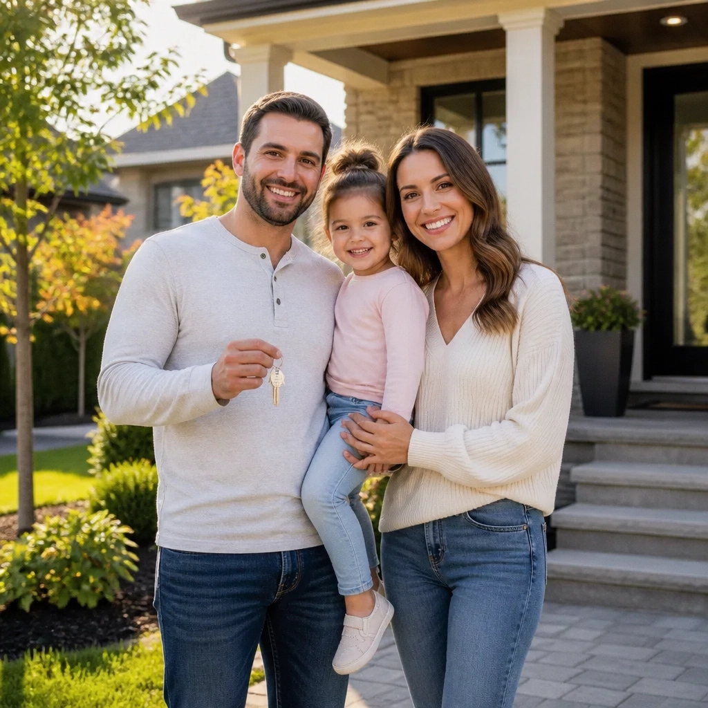 Happy family in front of their new home in Newmarket