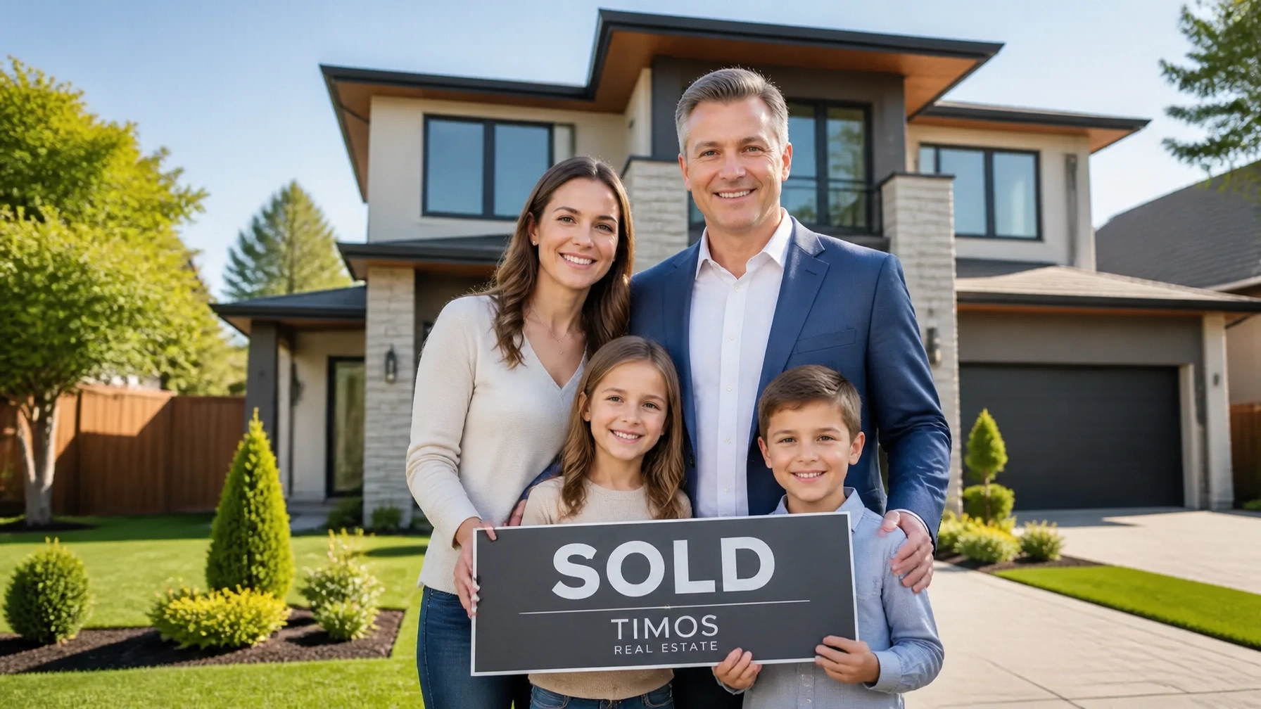 Happy family holding a Sold sign in front of their new Richmond Hill home