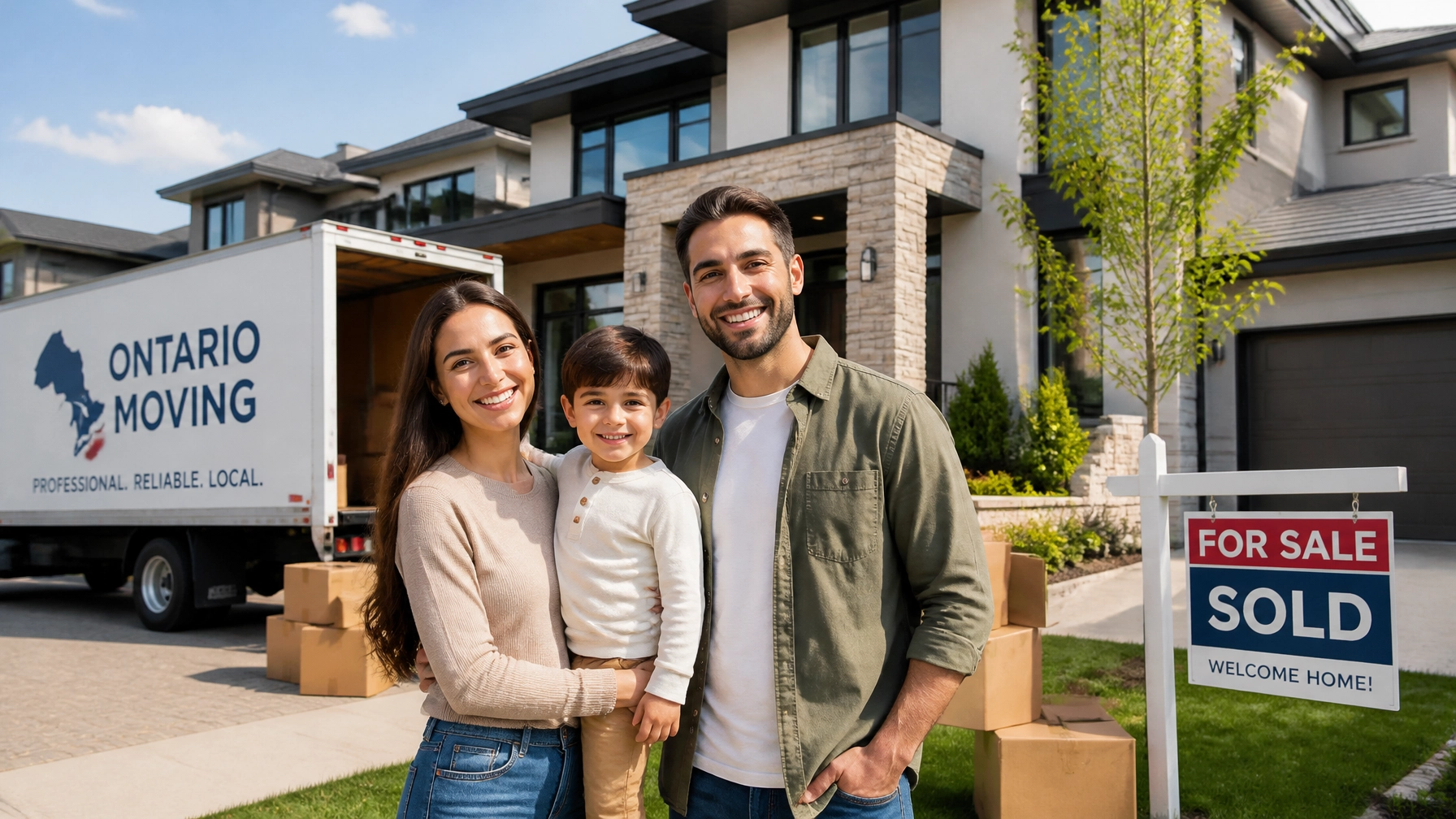 A happy family moving into their new suburban Ontario home