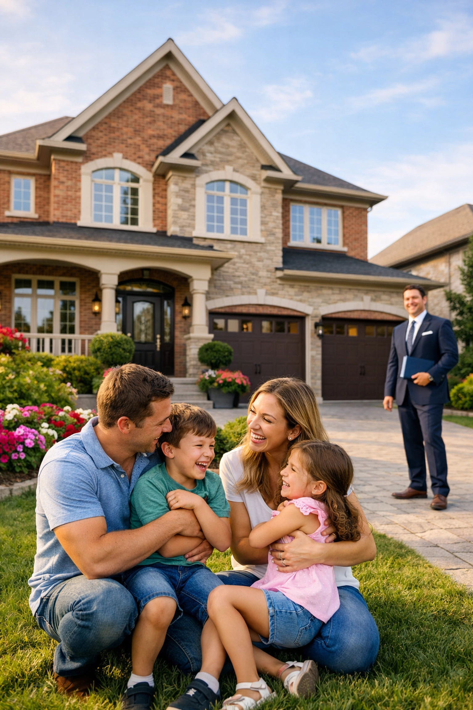 Happy family with a real estate agent in front of a beautiful brick home in the York Region.