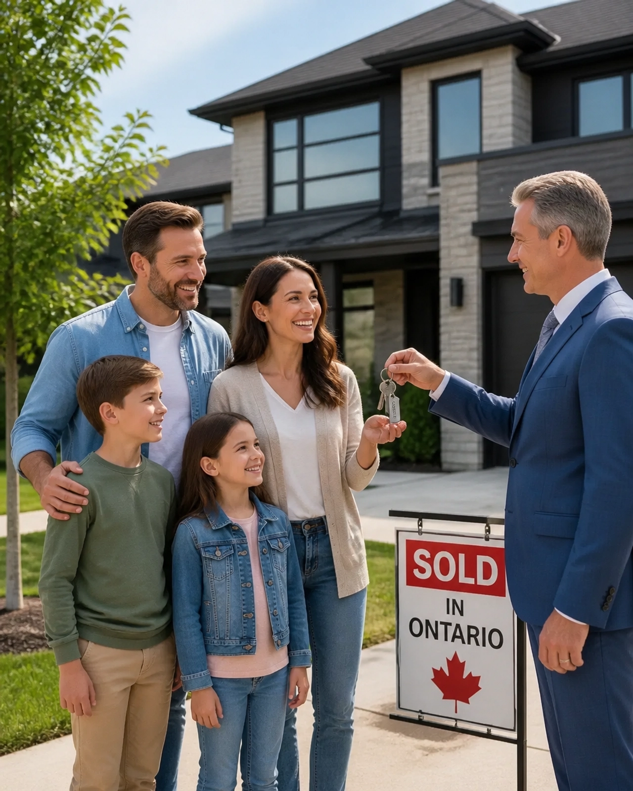 Happy family receiving keys from a professional real estate agent
