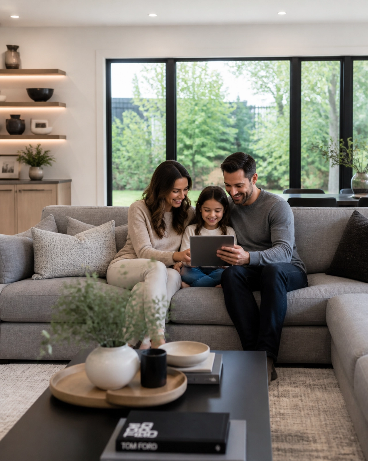A happy family relaxing in their bright, modern living room in Richmond Hill.