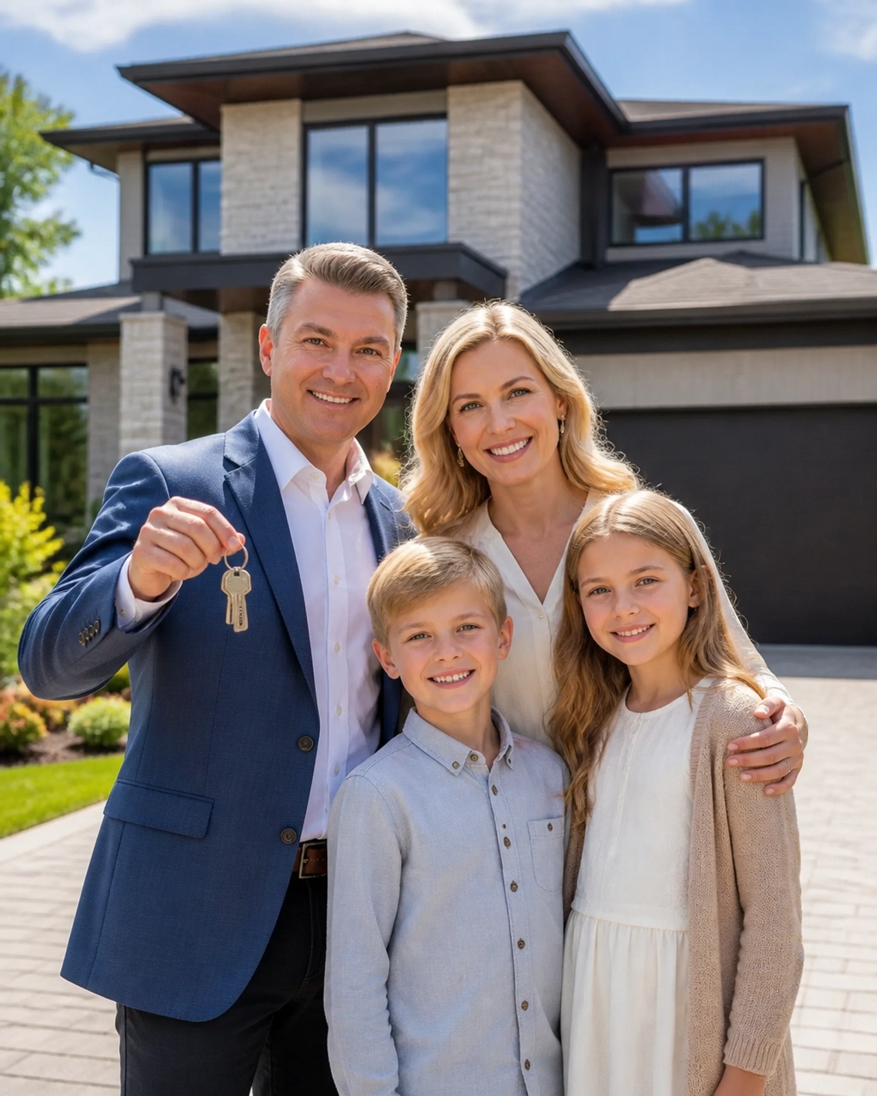 A happy family standing in front of their new home in Simcoe County, holding the keys with their real estate agent.