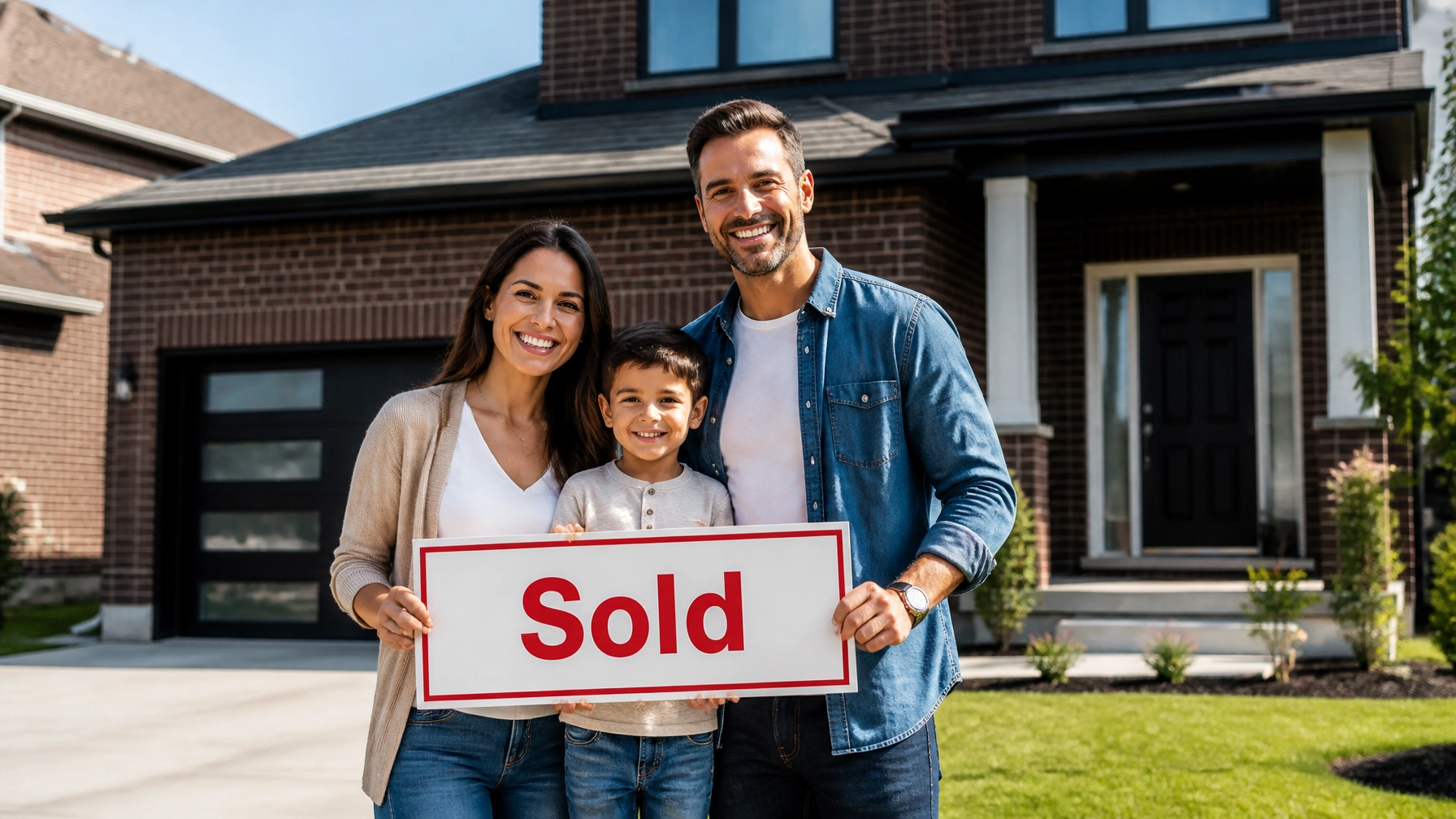 A happy family standing in front of their new home, celebrating a successful purchase after a competitive bidding process.