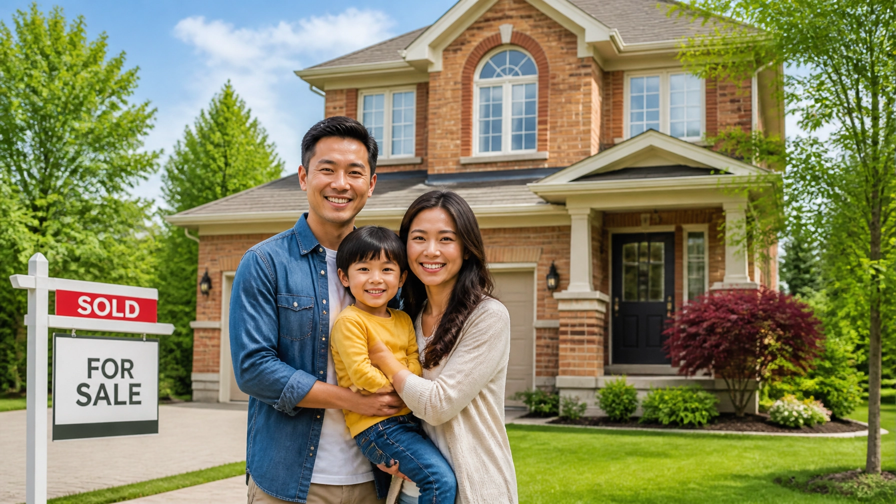 A happy family standing in front of their new modern home in Markham, reflecting a successful real estate transaction.