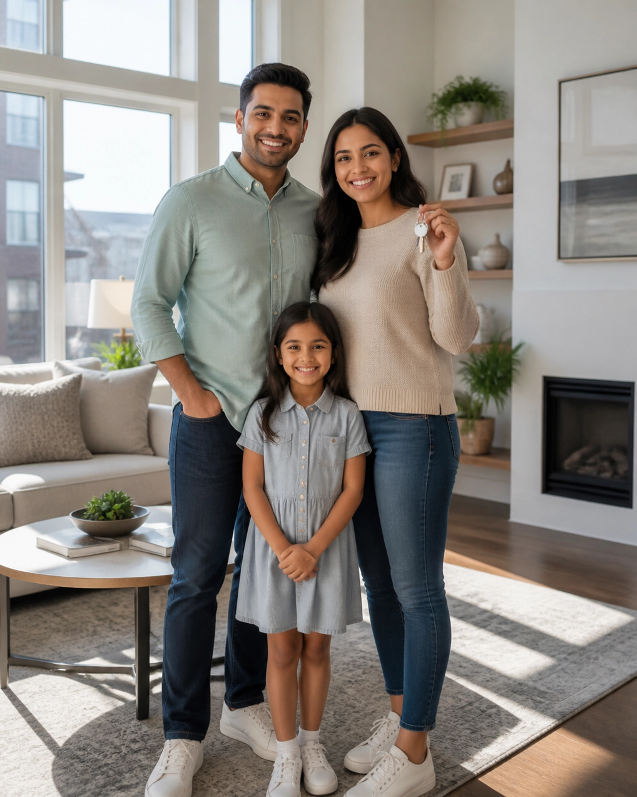 A happy family standing in their bright, modern Mississauga townhouse living room, celebrating their new home purchase.