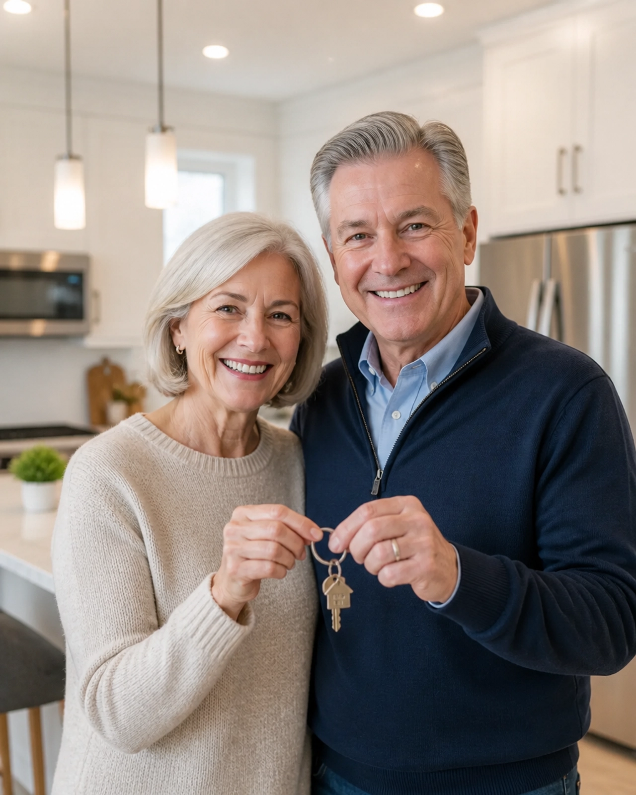 A happy senior couple holding keys in a modern Ontario condo kitchen