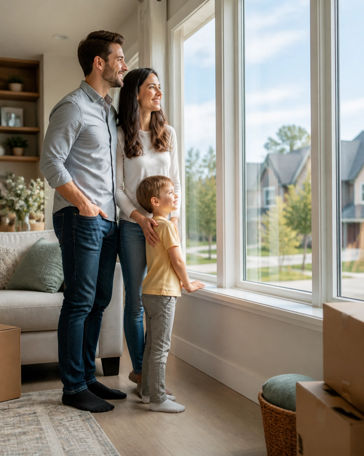 A happy young family looking out of a large window in a bright, modern living room, representing a successful transition.