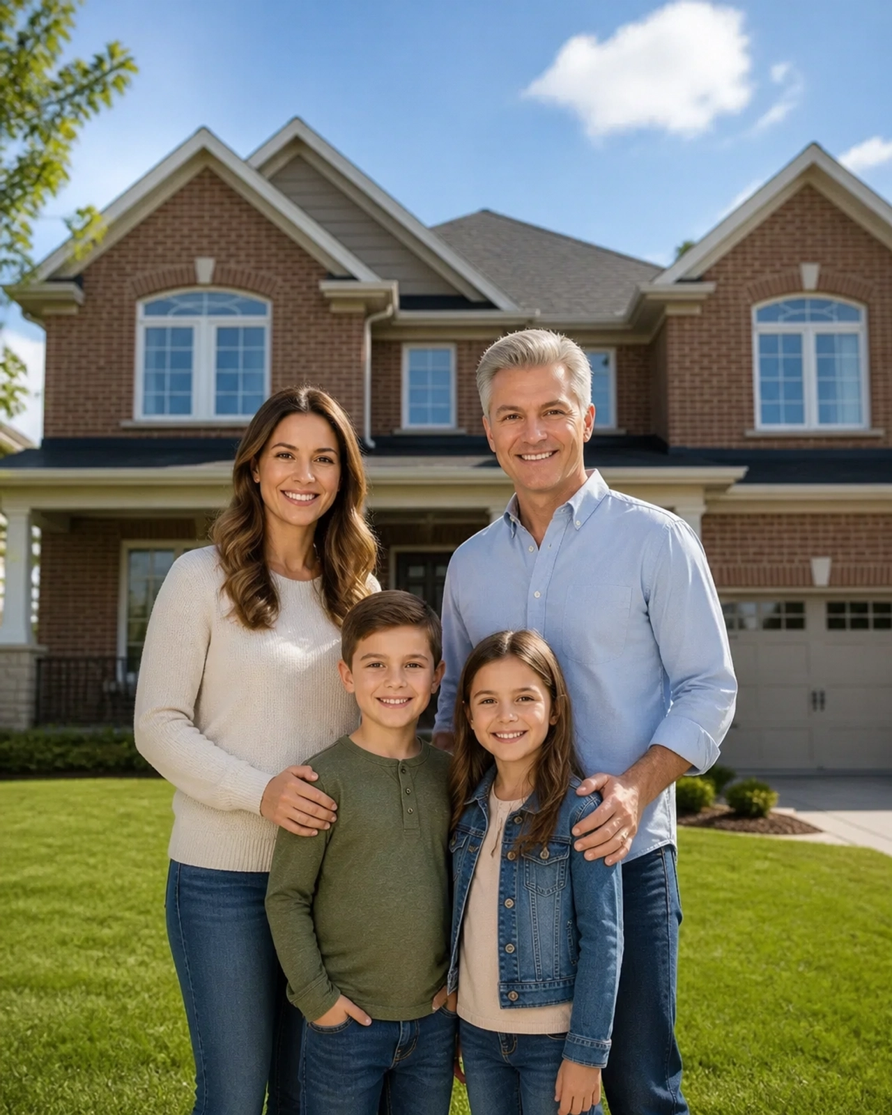 A happy young family standing on the front lawn of their new home in Barrie