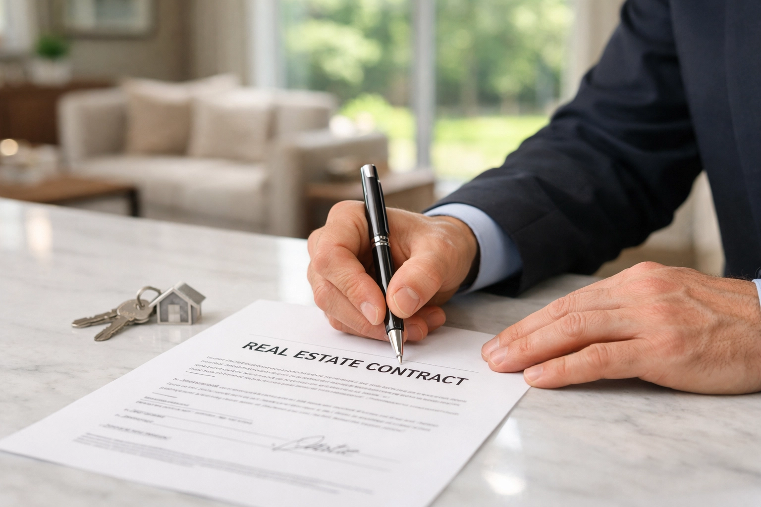 Homeowner signing a real estate contract to finalize a home purchase and sale agreement in Barrie.