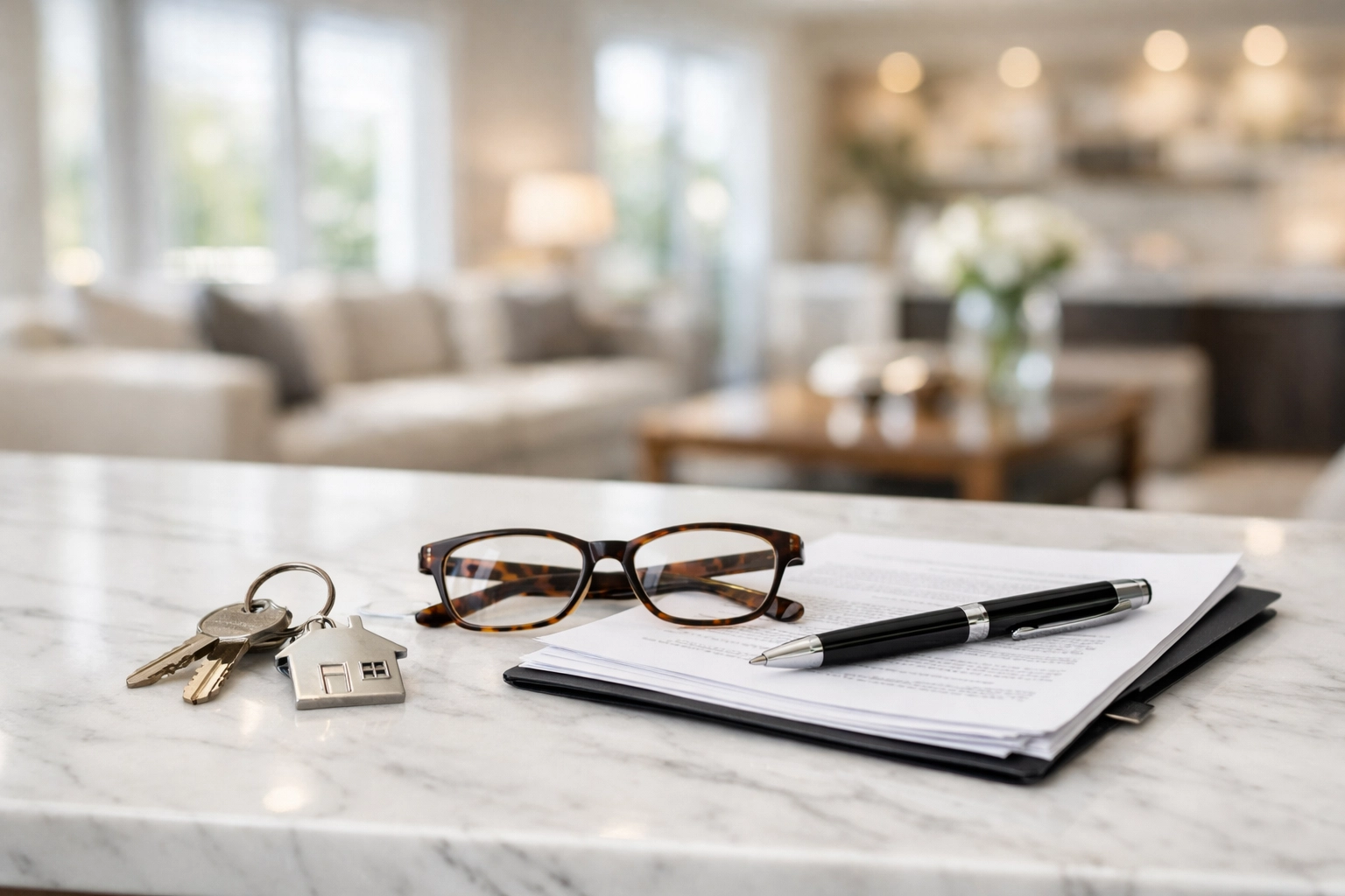 House keys and contracts for homes for sale Barrie on a marble kitchen island in a Simcoe County property.