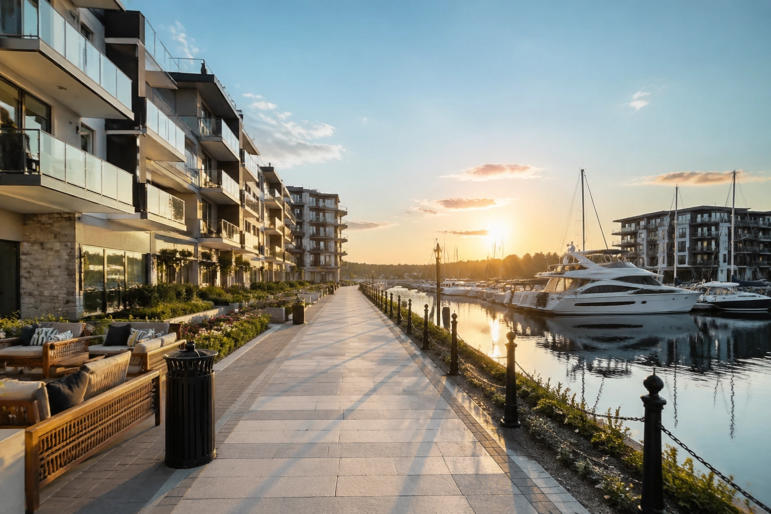 Luxury boardwalk and modern condos at Friday Harbour marina in Innisfil, Ontario.